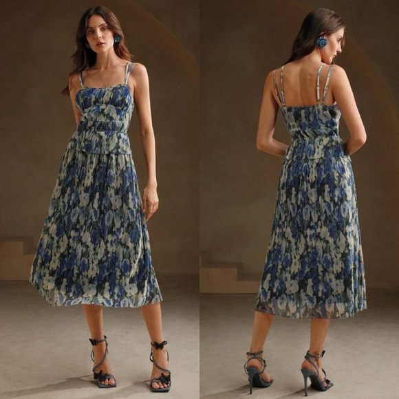 anewsta Dresses & Skirts - Anewsta Printed Blue Strappy Long Midi Dress With Gathered medium nwt
